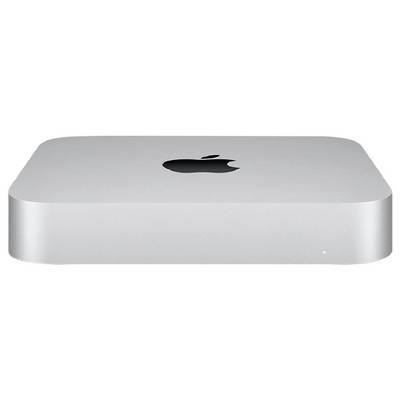 Srebrny komputer stacjonarny Apple Mac mini widoczny z góry, z czarnym logiem Apple wyśrodkowanym na górze.