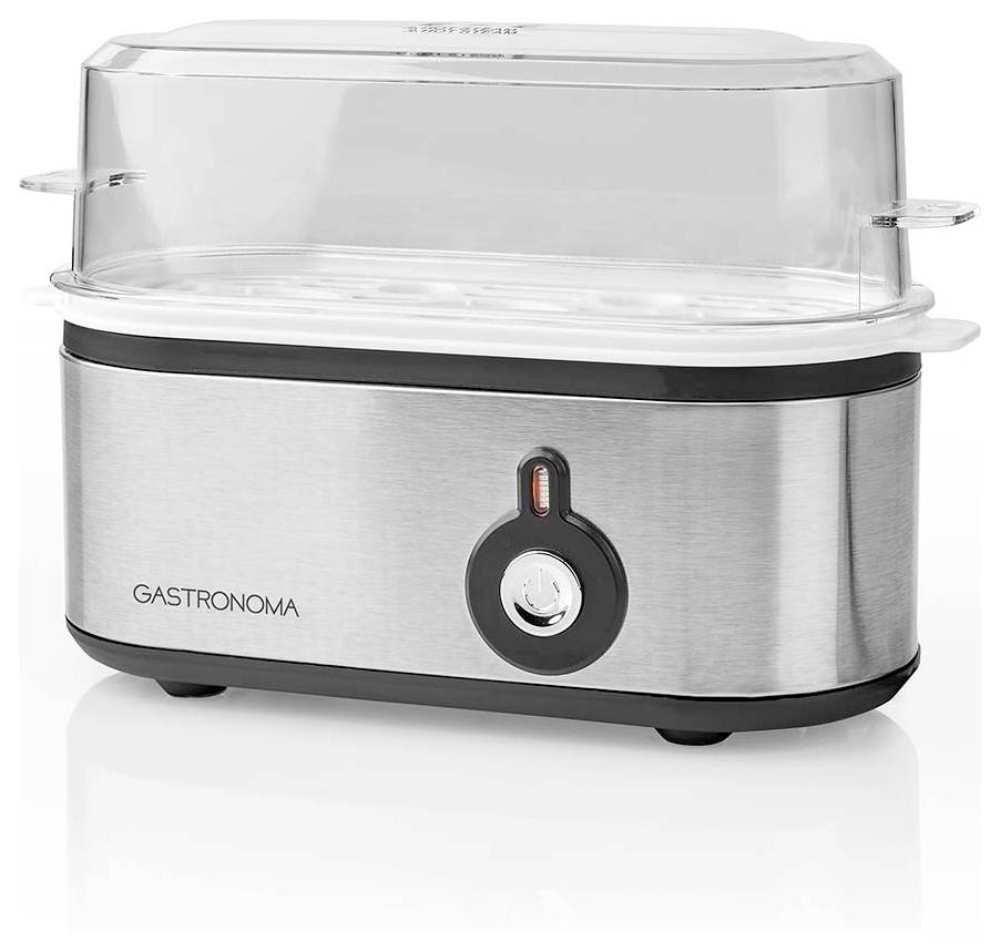 Podgrzewacz do żywności ze stali nierdzewnej z przezroczystą pokrywką i przednią pokrętłem regulacji temperatury, marki 'GASTRONOMA'.