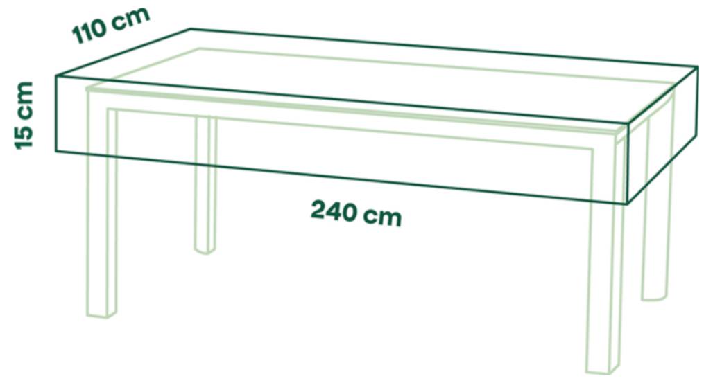 Schemat prostokątnego stołu z wymiarami: długość 240 cm, szerokość 110 cm, wysokość 15 cm.