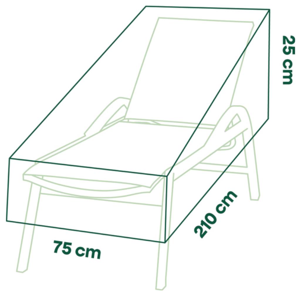 Diagram pokazujący wymiary pokrowca lub pudełka na fotel leżak: szerokość 75 cm, długość 210 cm i wysokość 25 cm.