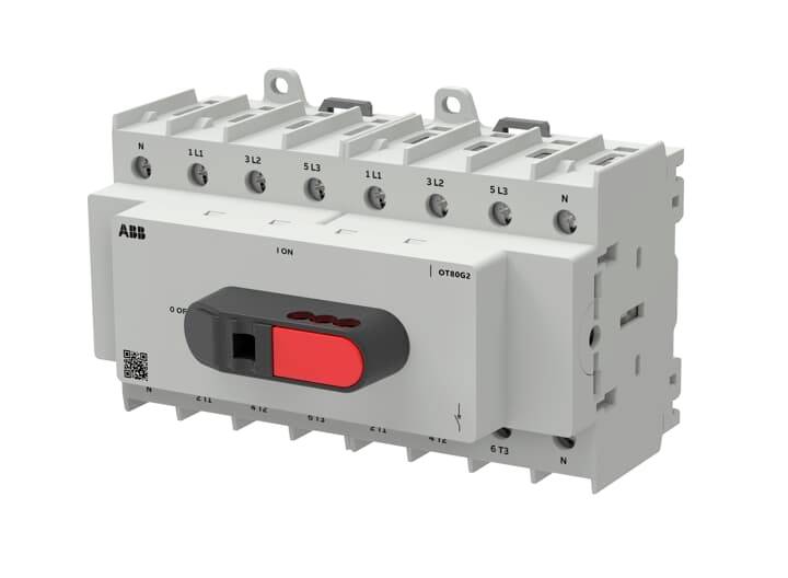 Przełącznik elektryczny/odłącznik ABB OTB062 z czerwoną dźwignią ręczną i oznaczonymi połączeniami zacisków.