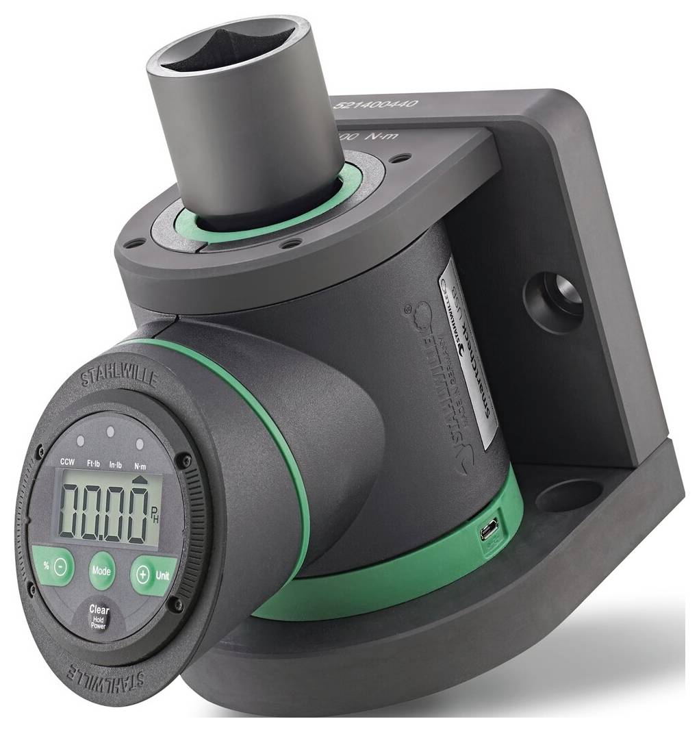 Adapter dynamometryczny z cyfrowym wyświetlaczem LCD i przyciskami sterowania, zamontowany na kwadratowej podstawie do pomiaru przyłożonego momentu obrotowego.