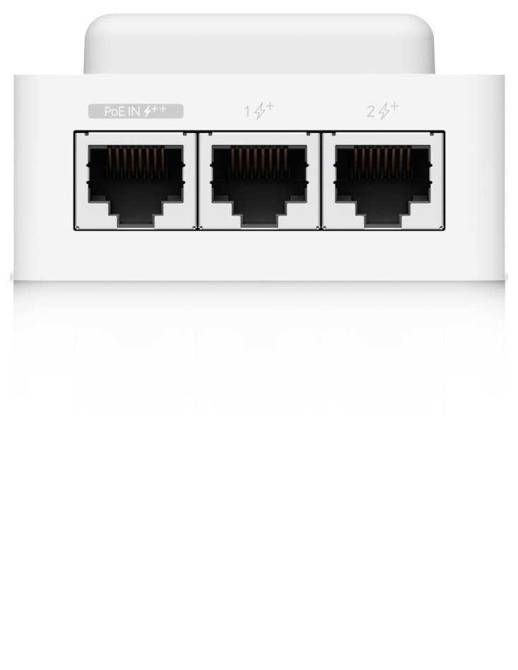 Białe urządzenie sieciowe z trzema portami Ethernet oznaczonymi etykietami „PoE IN", „1" i „2" na przednim panelu.