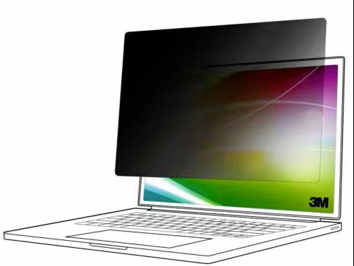 Laptop z filtrem prywatności 3M, który ciemnieje ekran pod kątami bocznymi w celu ochrony informacji wyświetlanych na ekranie.