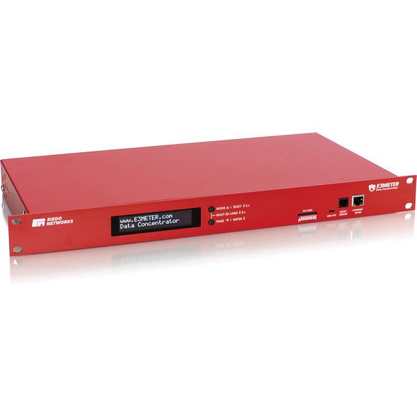 Urządzenie Red Networks EMEETER Data Concentrator w obudowie rack, czerwona metalowa obudowa z wyświetlaczem frontowym, lampkami statusu, portami i przełącznikiem zasilania.