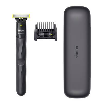 Maszynka do strzyżenia Philips OneBlade z ostrzem, nasadką grzebienia i etui podróżnym na białym tle.