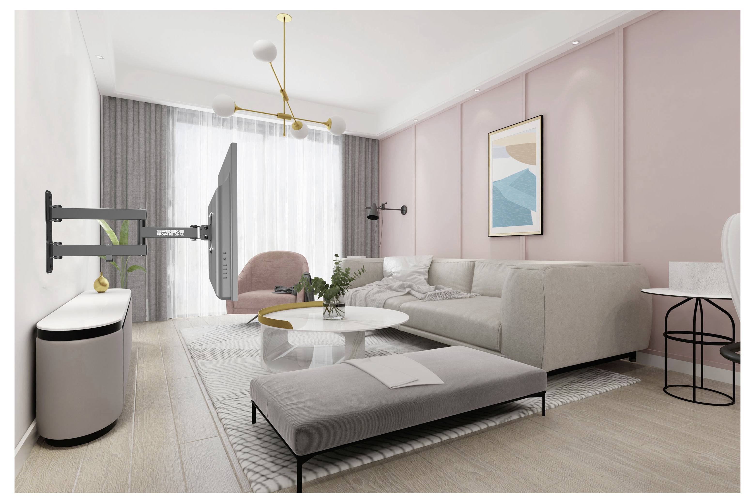 Nowoczesny salon z bladoróżowymi ścianami, szarą sofą i pufą, okrągłym stolikiem kawowym, fotelem, sztuką na ścianie i dużym oknem z półprzezroczystymi zasłonami.