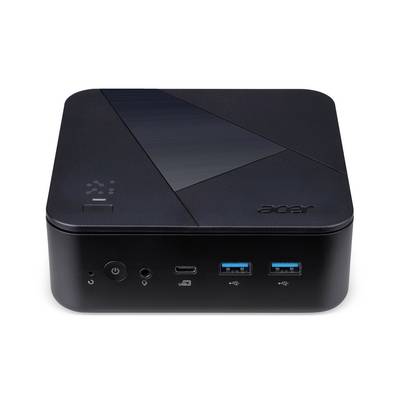 Widok z przodu kompaktowego czarnego mini PC Acer z przyciskiem zasilania, gniazdem audio, portem USB-C i dwoma portami USB-A na panelu przednim.