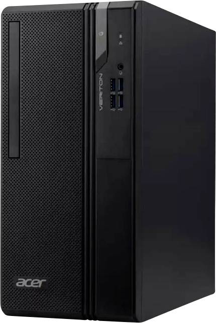 Czarna obudowa komputera stacjonarnego Acer typu tower z portami USB z przodu i przyciskiem zasilania widoczna na białym tle.