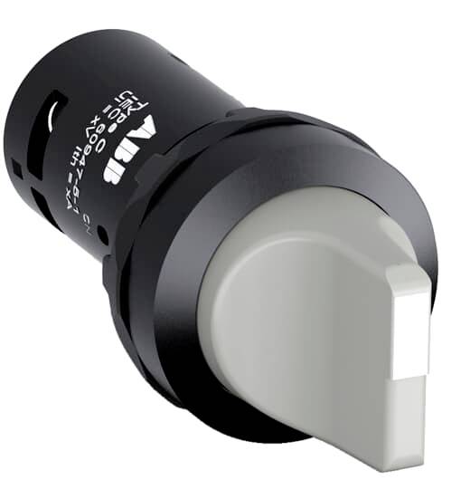Czarny cylindryczny włącznik przemysłowy z szarą wysuniętą dźwignią przełącznika, pokazany na białym tle.