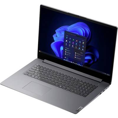 Szary laptop Lenovo otwarty z pulpitem Windows 11 i wyświetlonym menu Start na ekranie