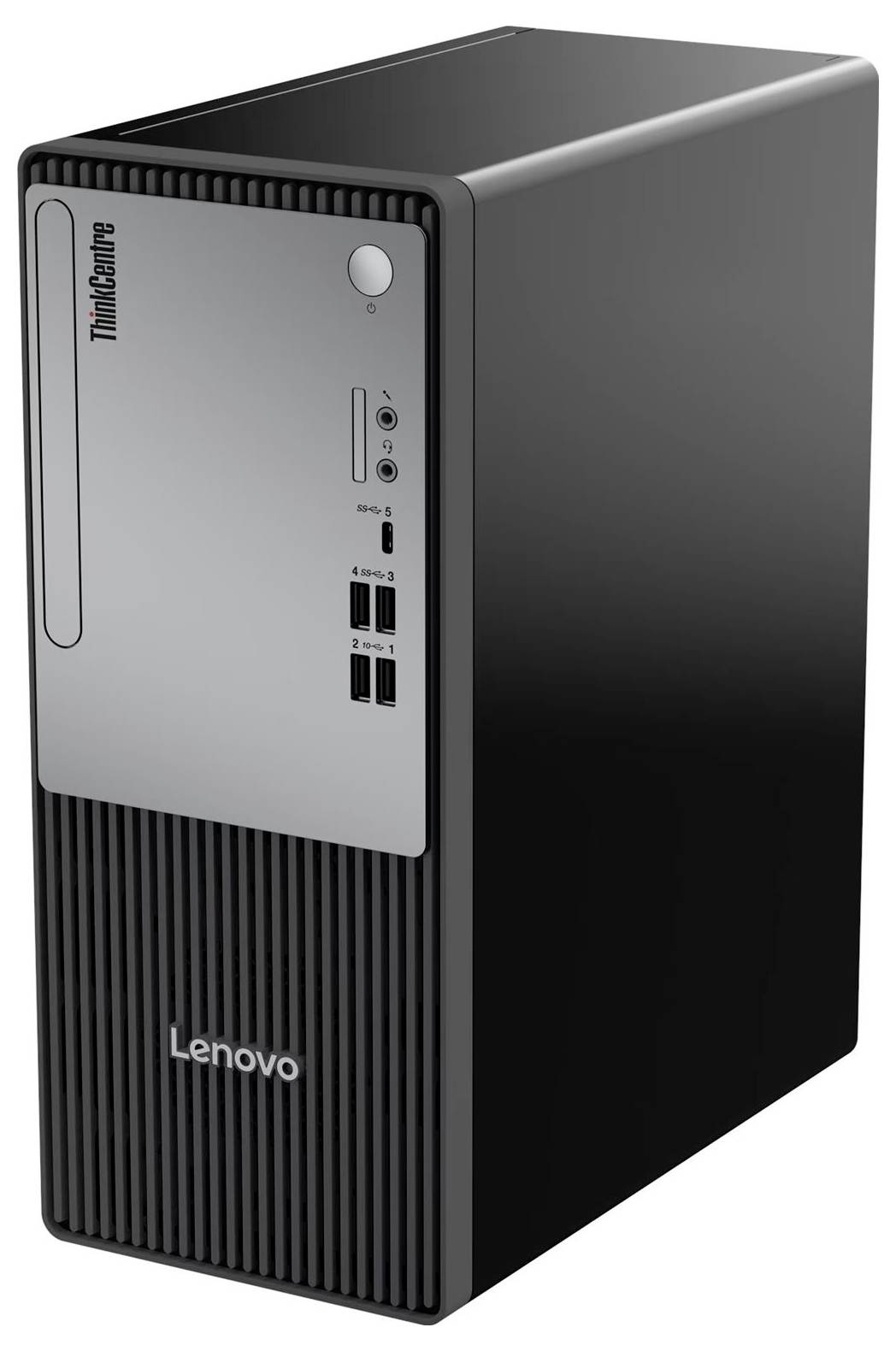 Wieża komputerowa Lenovo ThinkCentre pokazana w widoku pod kątem z przodu, z widocznym przyciskiem zasilania na przedzie i portami USB/audio.