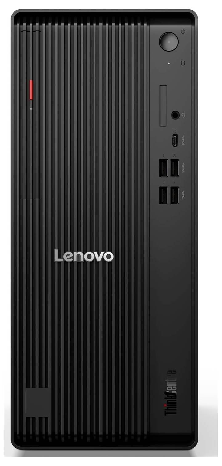 Widok frontalny wieży stacjonarnej Lenovo ThinkCentre z czarną, żebrowaną obudową, przyciskiem zasilania, portami USB i gniazdzami audio na panelu przednim.