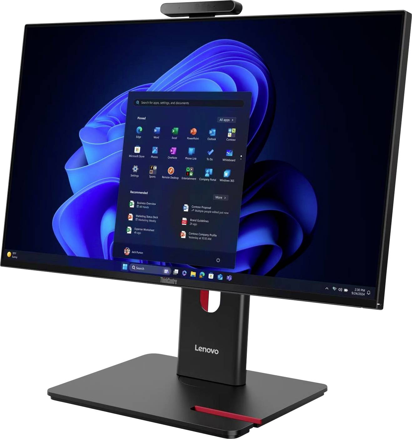 Monitor stacjonarny Lenovo z kamerą internetową wyświetlający menu Start systemu Windows 11 na niebieskim abstrakcyjnym tle, na czarnym statywie z czerwonym akcentem.