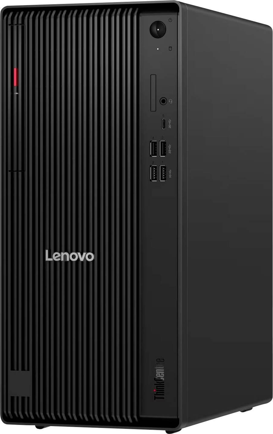 Czarna wieża desktopowa Lenovo z przetłoczonym panelem frontowym i portami zwróconymi do przodu, pokazana w ukośnym widoku produktu.