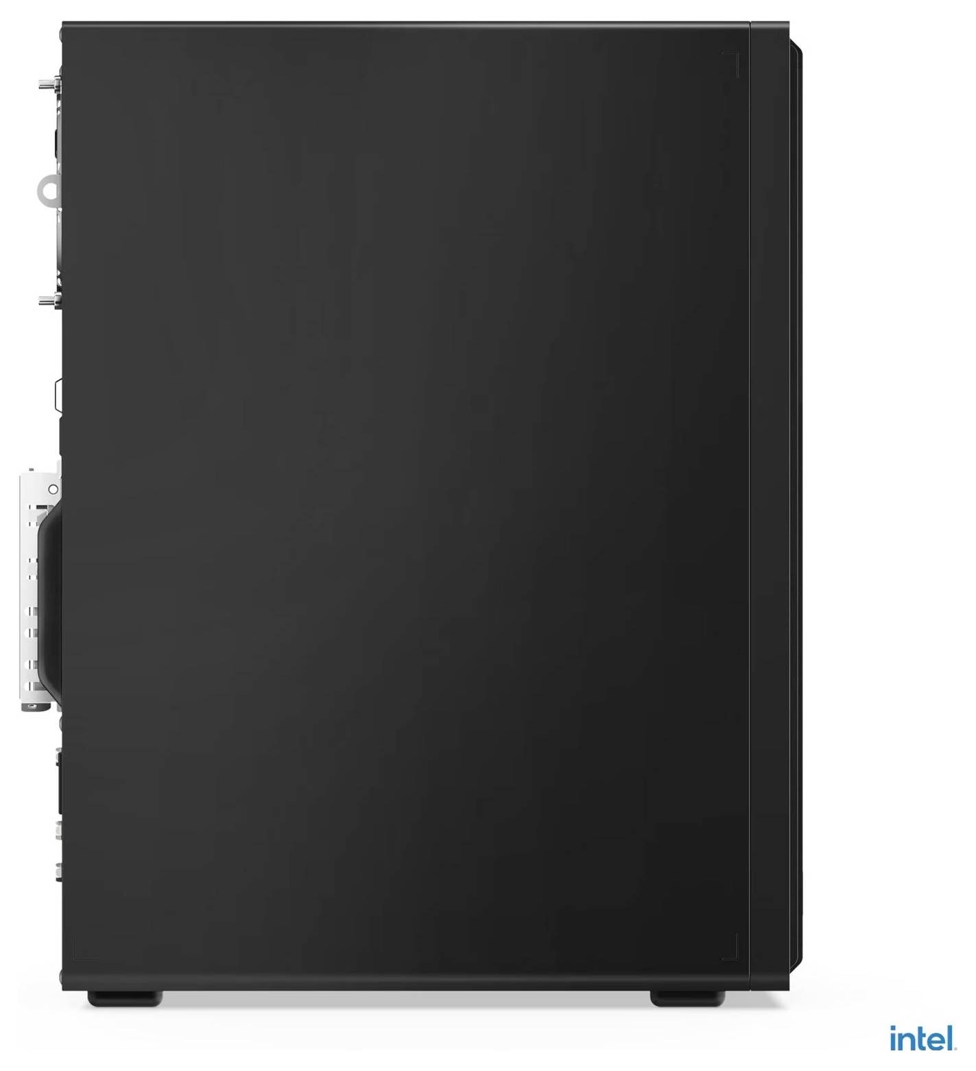 Obudowa komputera Intel w kolorze czarnym lub chassis serwera pokazany w widoku z boku na białym tle.