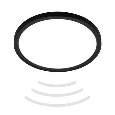 Czarna owalna lampa sufitowa z trzema zakrzywionymi szarymi liniami ruchu pod nią, sugerujące ikonę produktu bezprzewodowego lub unoszącego się.
