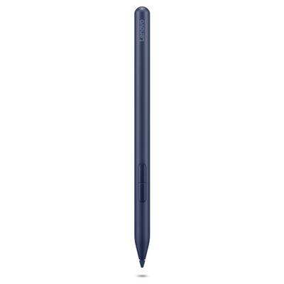 Niebieski stylus Lenovo pokazany pionowo, z marką "Lenovo" i przyciskiem bocznym w pobliżu górnej części.