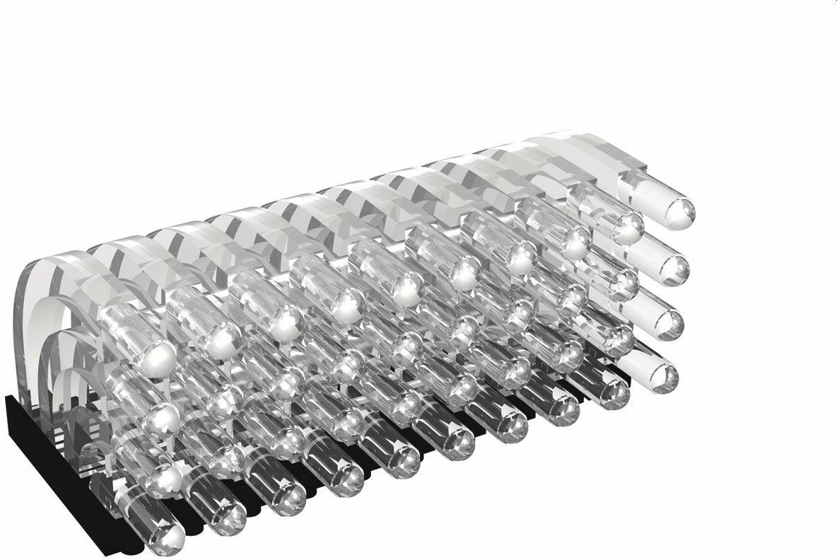 Renders 3D przezroczystego mechanicznego zespołu cylindrycznego z wieloma rzędami szklanych rurek lub prętów ułożonych w spiralny wzór.