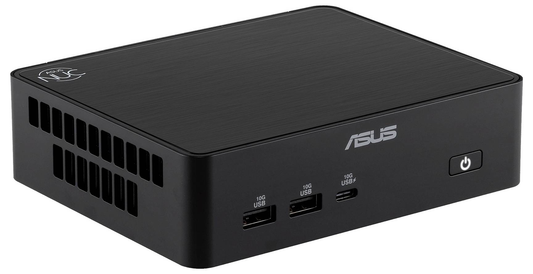 Czarny mini komputer stacjonarny ASUS z portami USB z przodu, USB-C i przyciskiem zasilania na jednolitym tle.