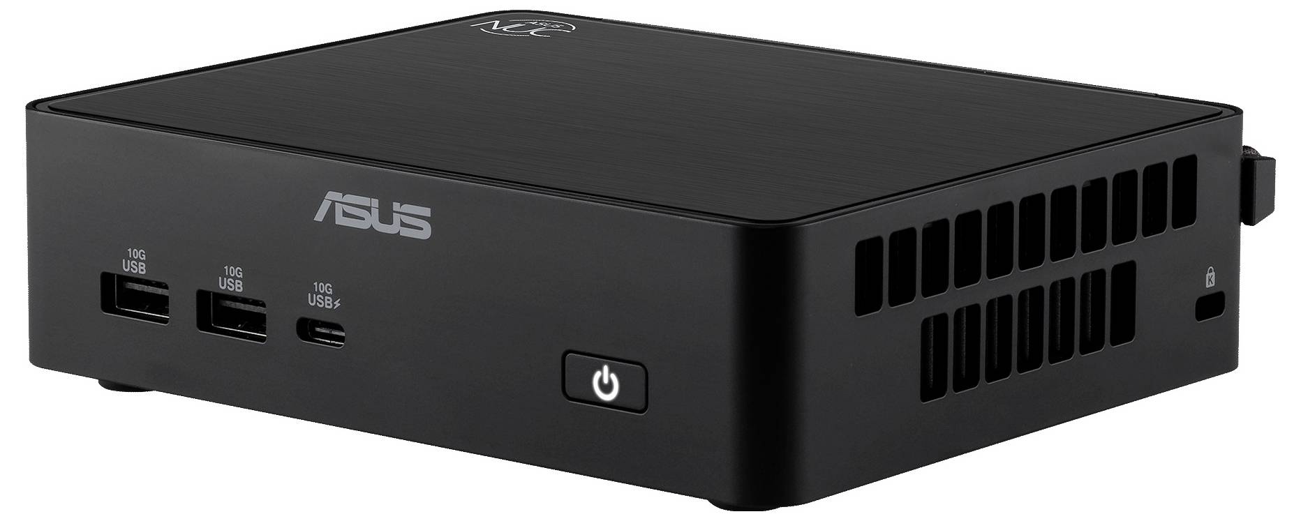 Czarny mini PC ASUS z przednimi portami USB, przyciskiem zasilania i wentylowanym panelem bocznym na białym tle.