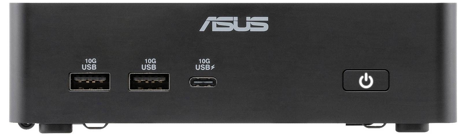 Widok frontowy mini komputera ASUS lub doku z trzema portami USB 10G po lewej stronie i przyciskiem zasilania po prawej stronie.