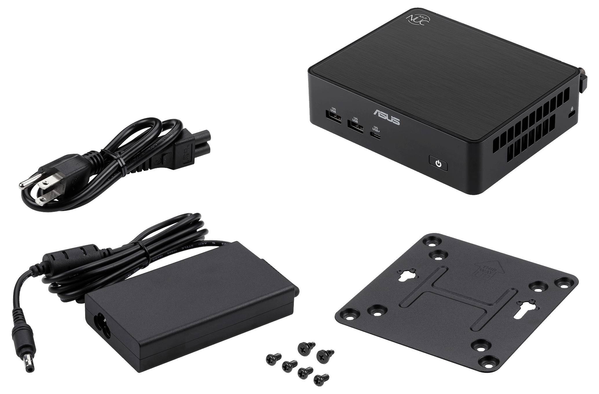 Zestaw mini PC ASUS z kompaktowym komputerem, zasilaczem, przewodem zasilającym, płytą montażową i śrubami na białym tle