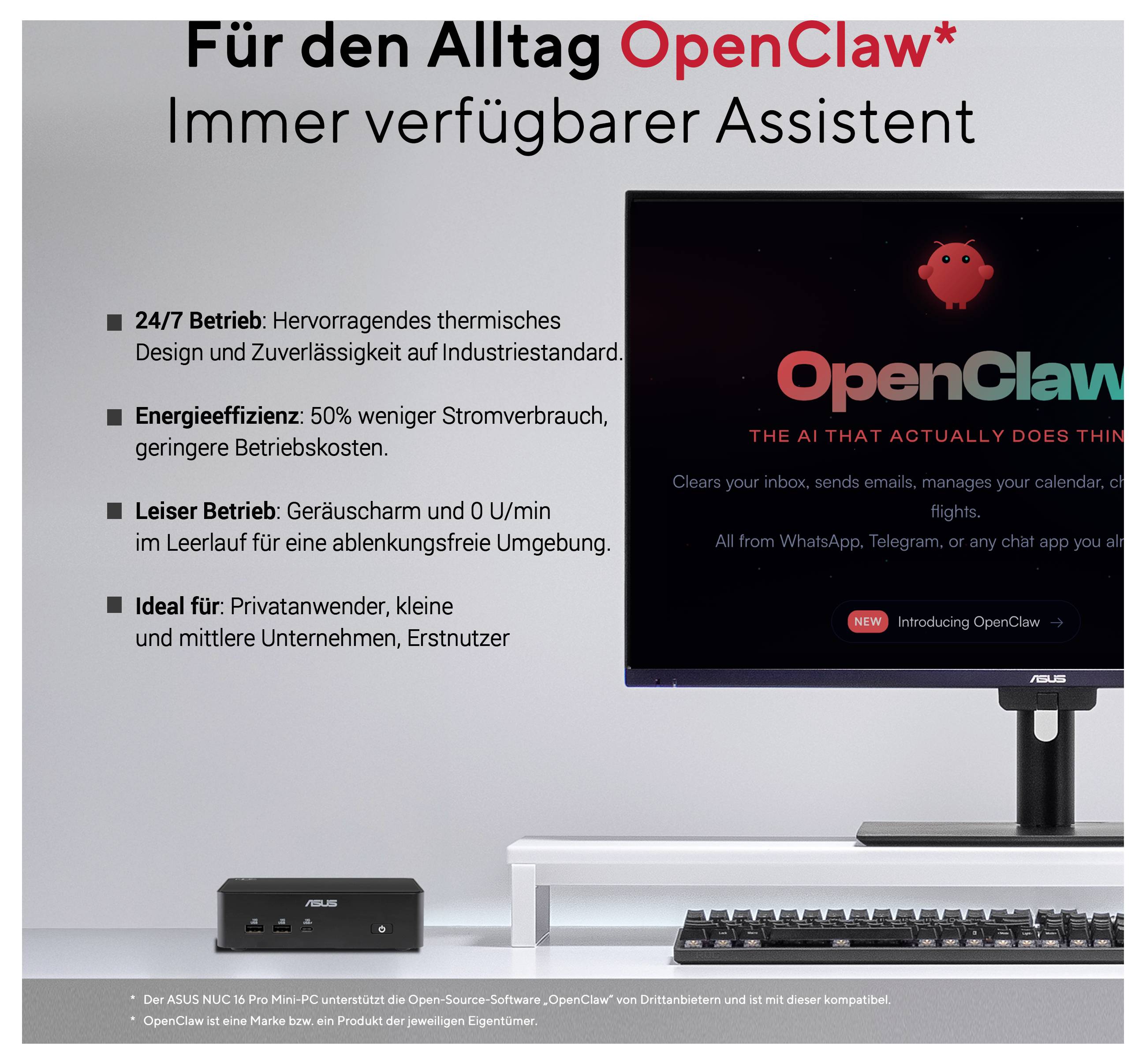 Německý propagační plakát pro desktopového asistenta "OpenClaw", zdůrazňující provoz 24/7, spotřebu energie o 50% nižší, tichý provoz a vhodnost pro domácnosti a malé firmy.