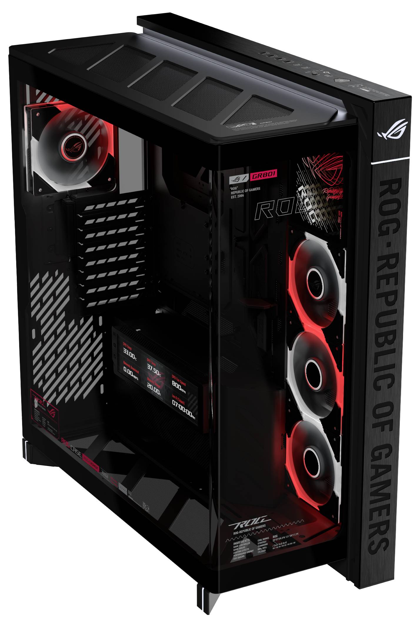 Czarna obudowa komputera do gier ASUS ROG z przezroczystym panelem bocznym, trzema przednimi wentylatorami z czerwonym oświetleniem i logotypem "ROG REPUBLIC OF GAMERS" na przedniej krawędzi.