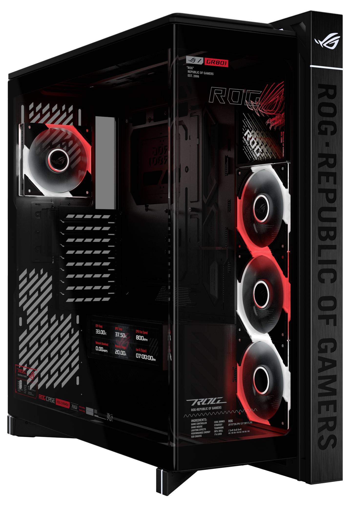 Czarna wieża komputera do gier ASUS ROG z panelami ze szkła hartowanego, wentylatorem oświetlonym na czerwono i logotypem ROG Republic of Gamers.