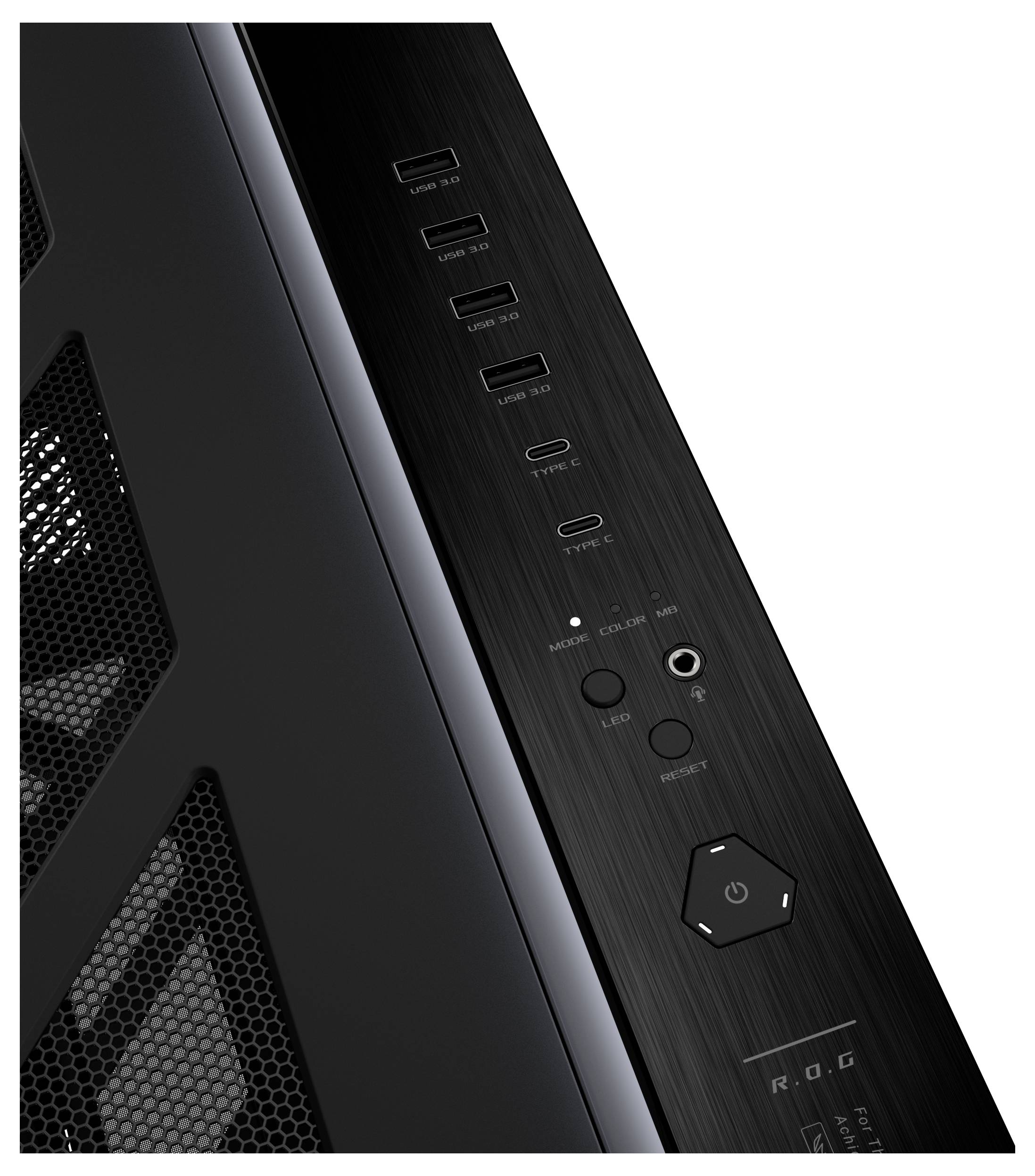 Zbliżenie przedniej części czarnej obudowy komputera z portami USB, gniazdami audio, przyciskiem zasilania i logotypem ROG.