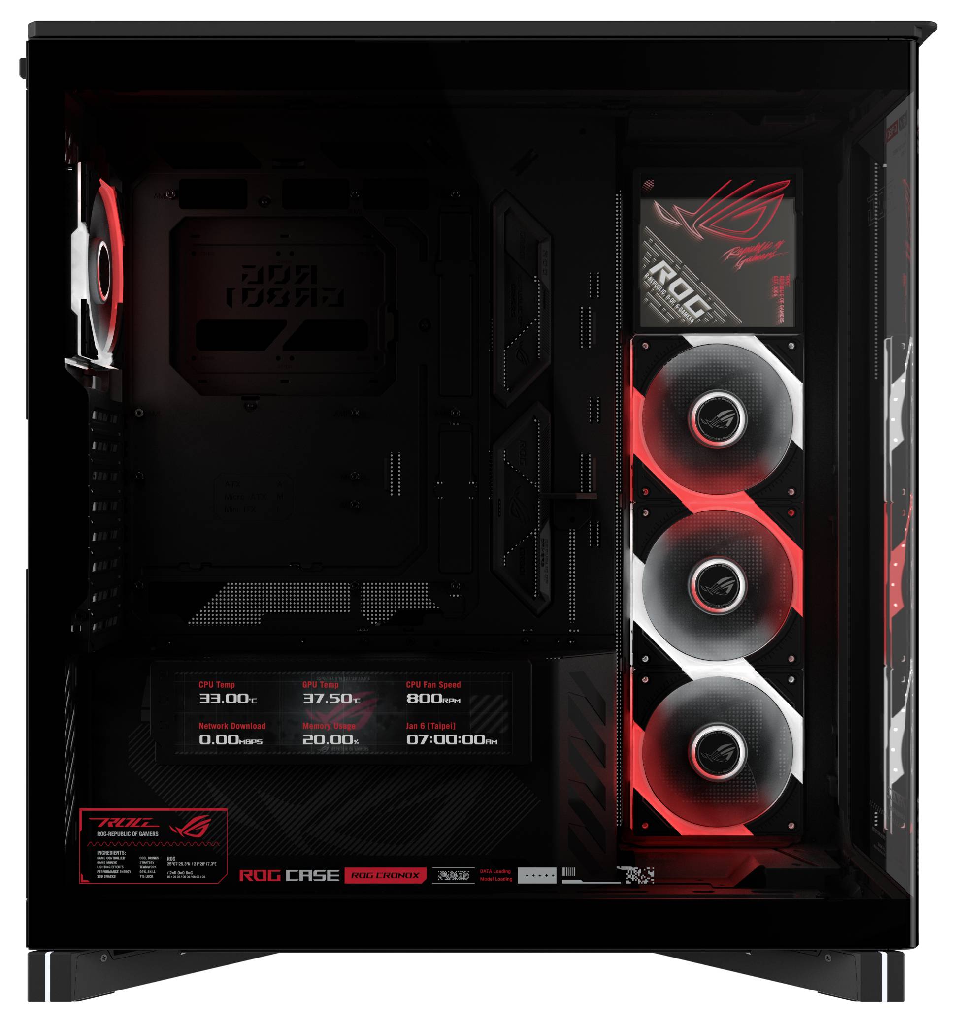 Otwarty obudowa PC z czarno-czerwonym stacjonarnym komputerem do gier ASUS ROG z trzema przednimi wentylatorami RGB i brandingiem płyty głównej w środku.