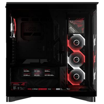 Otwarty obudowa PC z czarno-czerwonym stacjonarnym komputerem do gier ASUS ROG z trzema przednimi wentylatorami RGB i brandingiem płyty głównej w środku.