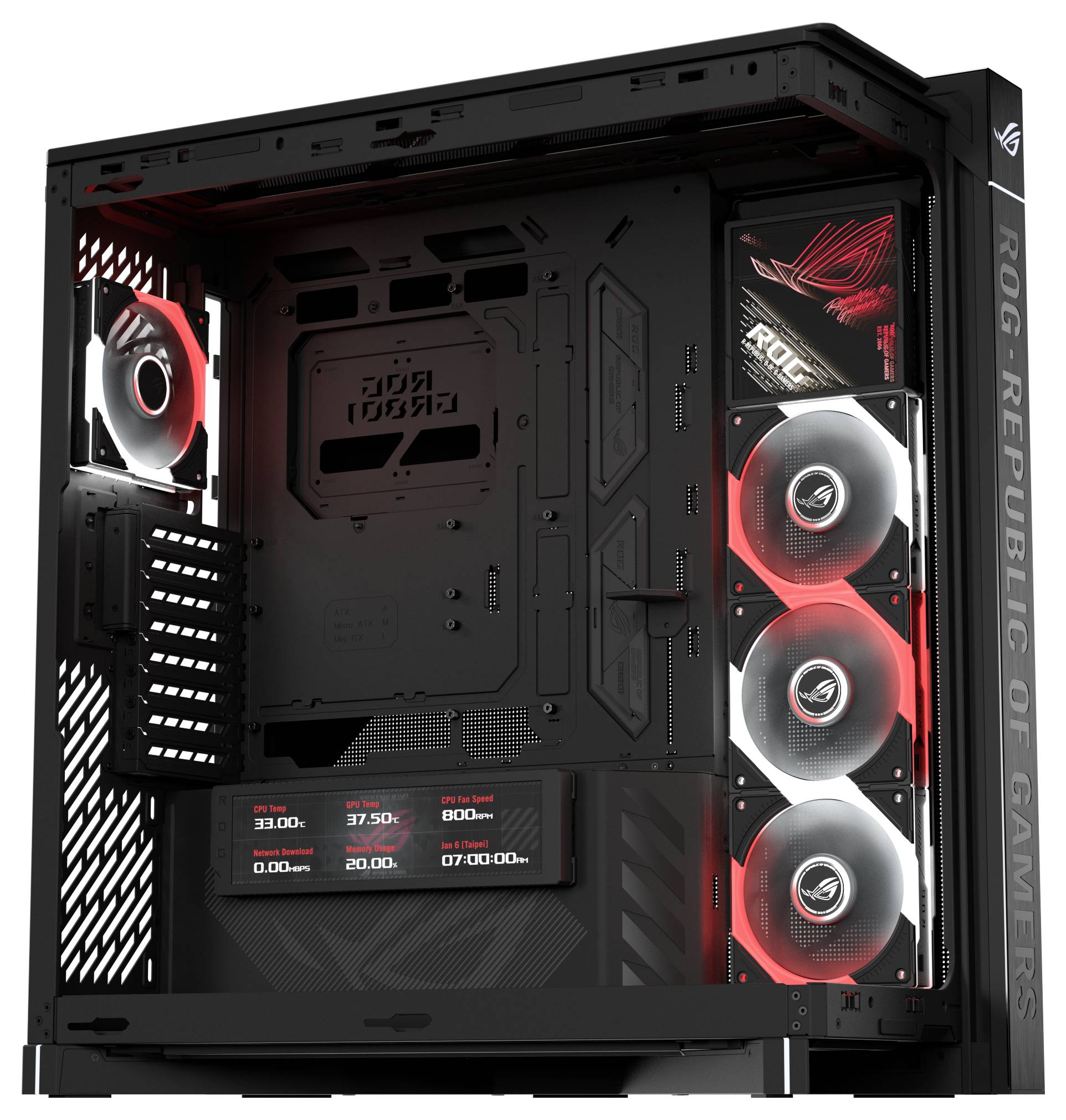 Czarna obudowa do gier PC z czerwonymi wentylatorami RGB, brandingiem ROG i cyfrowym wyświetlaczem pokazującym statystyki systemu.