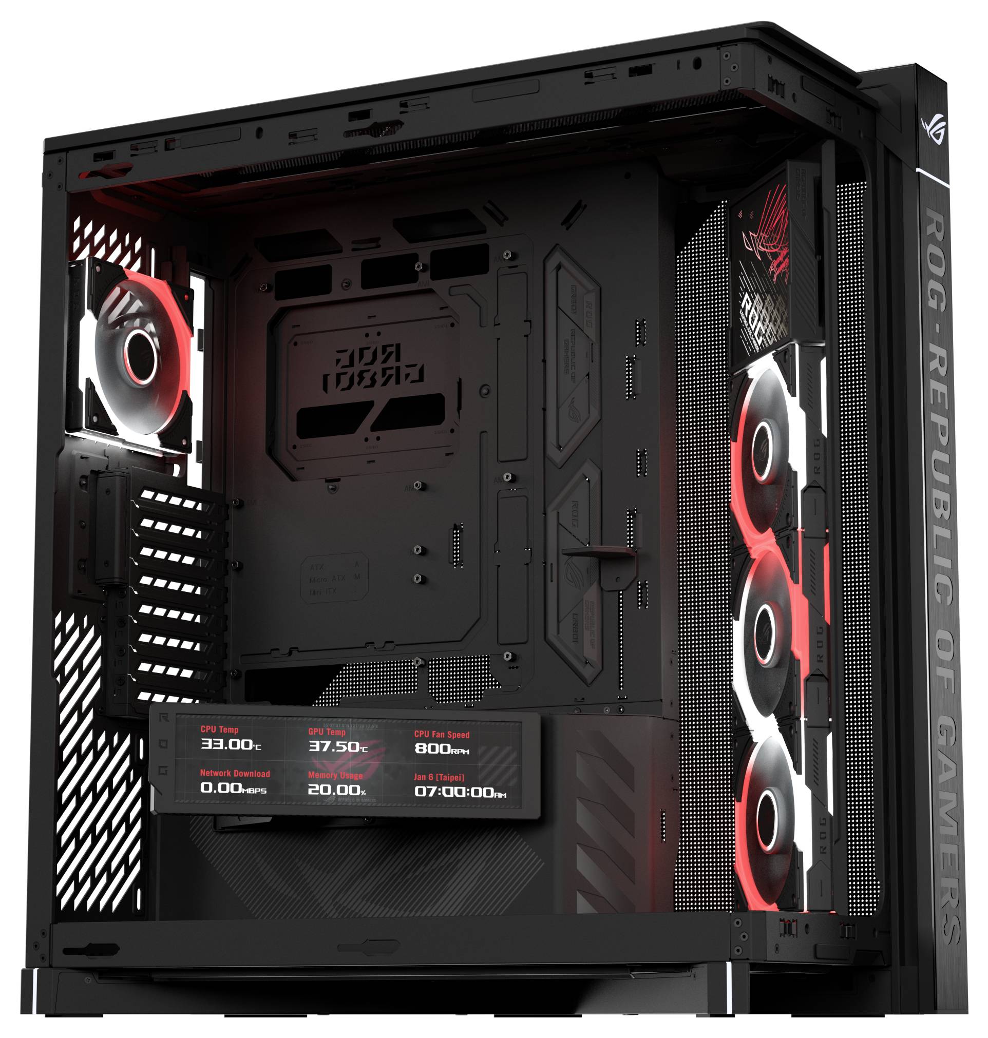 Wnętrze czarnej obudowy gamingowej ASUS ROG z podświetlanymi na czerwono wentylatorami, prezentujące projekt obudowy i układ chłodzenia.