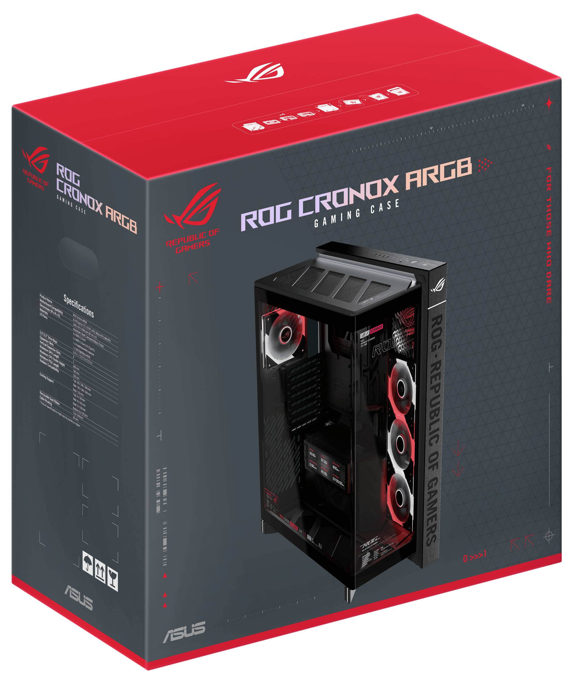 Obudowa do gier ASUS ROG CRONOS ARGB, na pudełku widoczna obudowa z czerwonymi wentylatorami RGB i logotypem ROG na czarno-czerwonym opakowaniu.