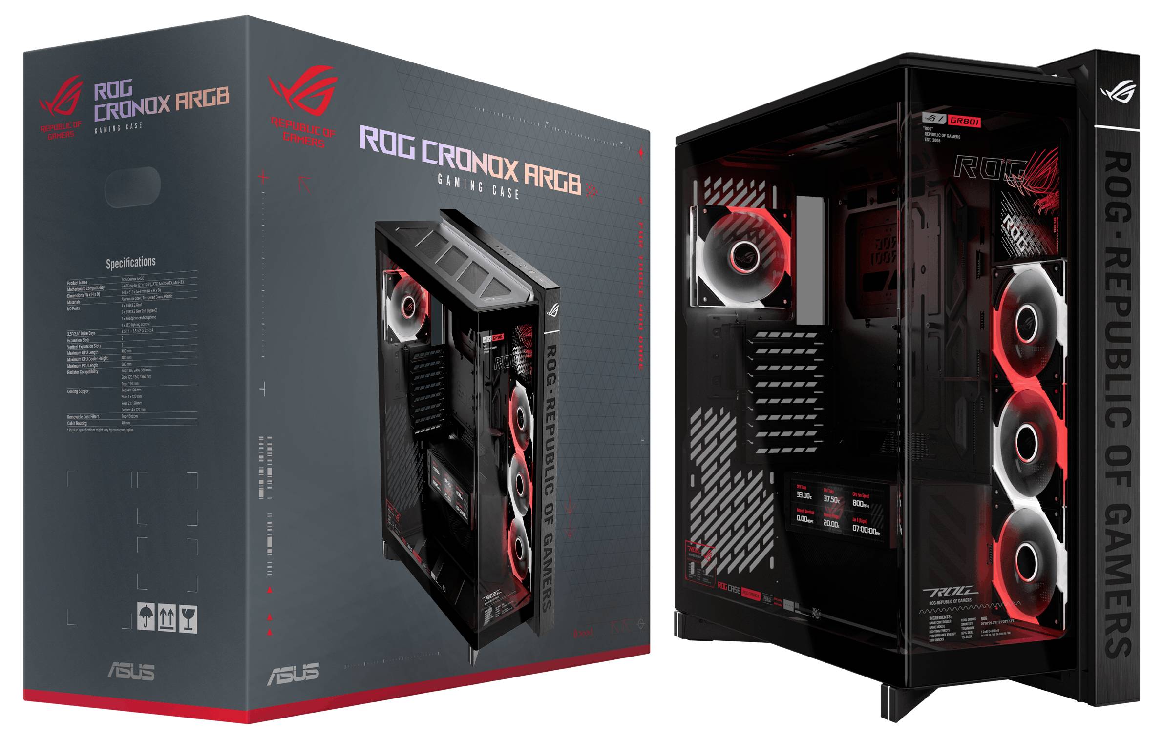 Obudowa do gier ASUS ROG GR701 pokazana w jej pudełku handlowym, czarna wieża z czerwonymi wentylatorami RGB i brandingiem Republic of Gamers.