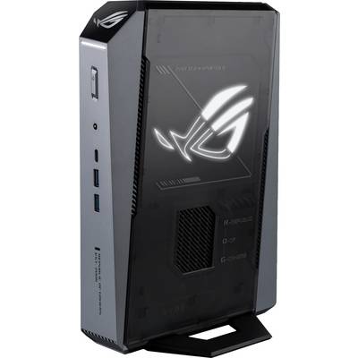 Widok z przodu kompaktowej obudowy desktopowej ASUS ROG do gier z podświetlonym logo ROG i panelem bocznym pokazującym widoczne porty przednie.