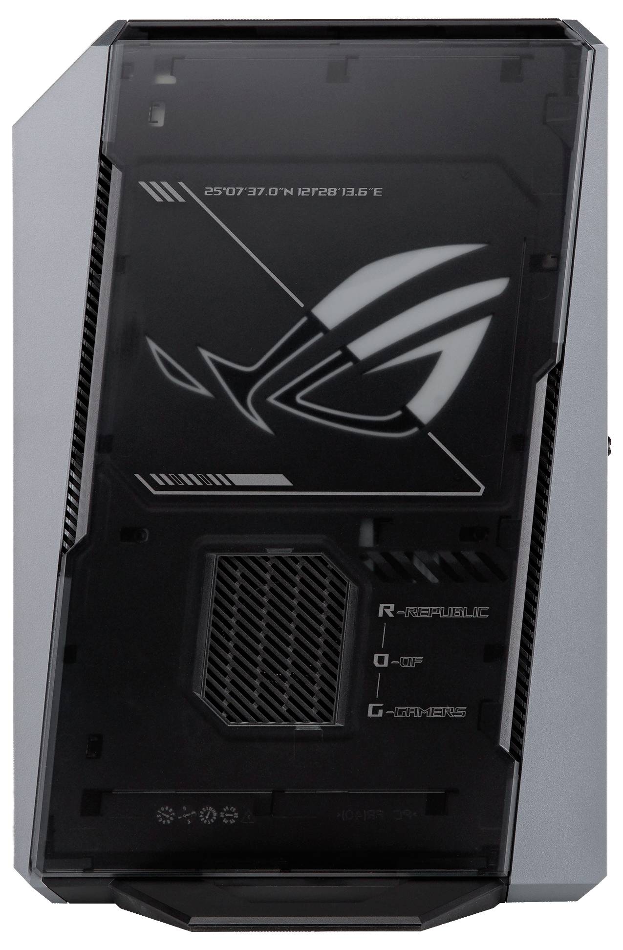 Widok z przodu wieży komputerowej ASUS ROG ze zmrożoną przezroczystą obudową, oświetlonym logo Republic of Gamers i kątowymi szarymi akcentami bocznymi.