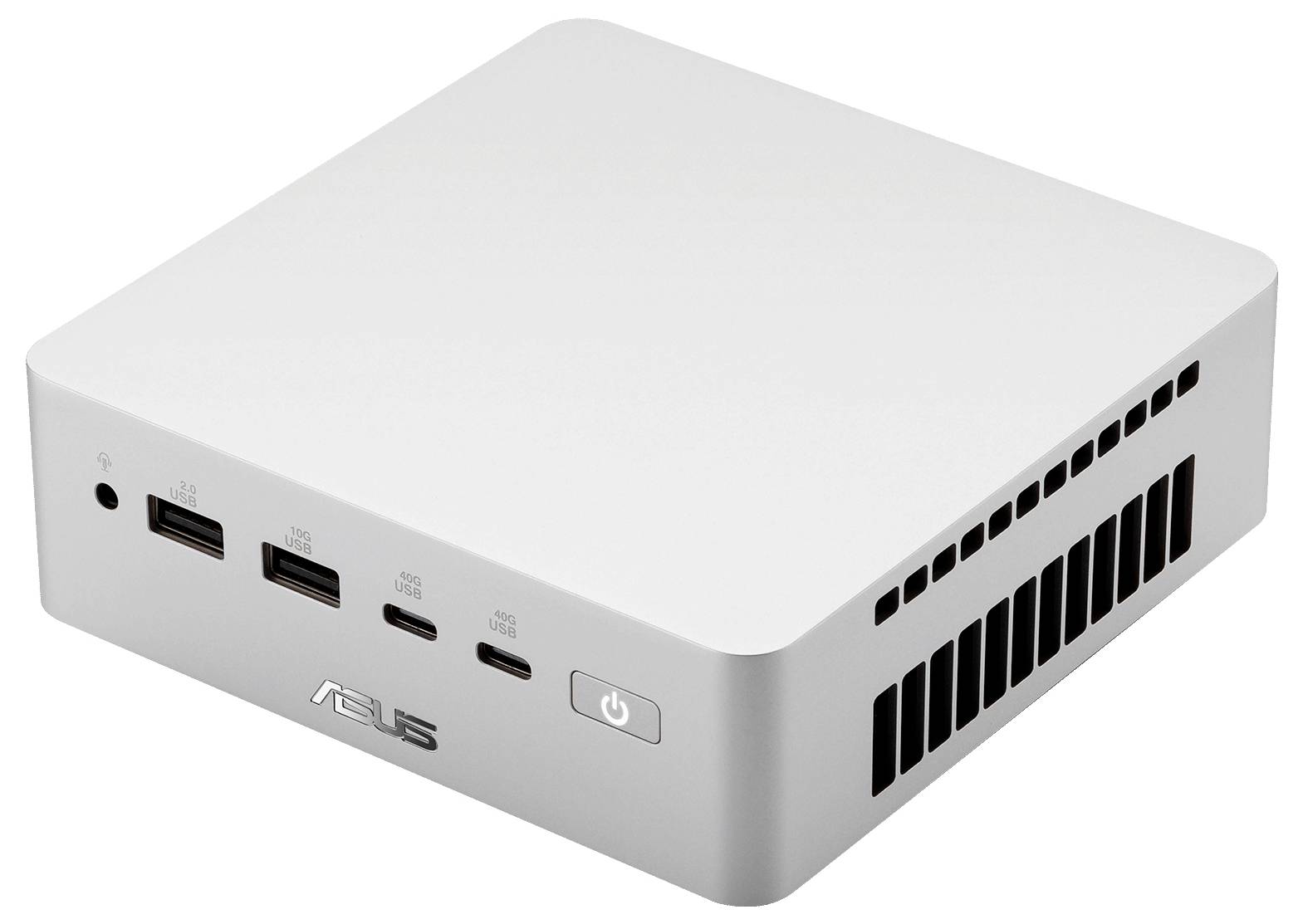 Biały mini komputer ASUS z przednimi portami USB, USB-C, przyciskiem zasilania i bokami otworów wentylacyjnych na zwykłym tle.