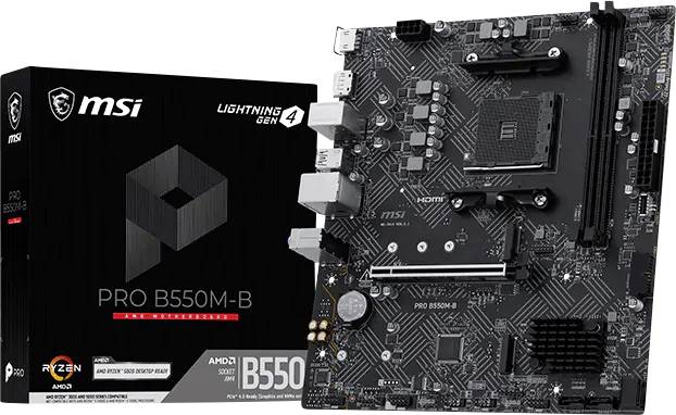 Płyta główna MSI PRO B550M-B pokazana obok jej pudełka detalicznego, micro-ATX dla AMD B550 z obsługą Lightning Gen 4.