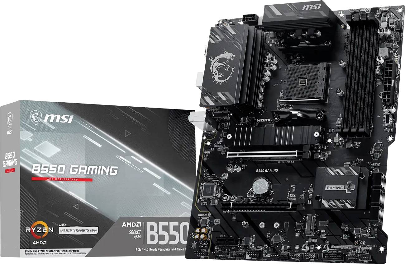 Płyta główna MSI B550 Gaming i oryginalne opakowanie detaliczne z wyświetlonymi powyżej odznakami "DDR4 Boost" i "Lightning Gen4".