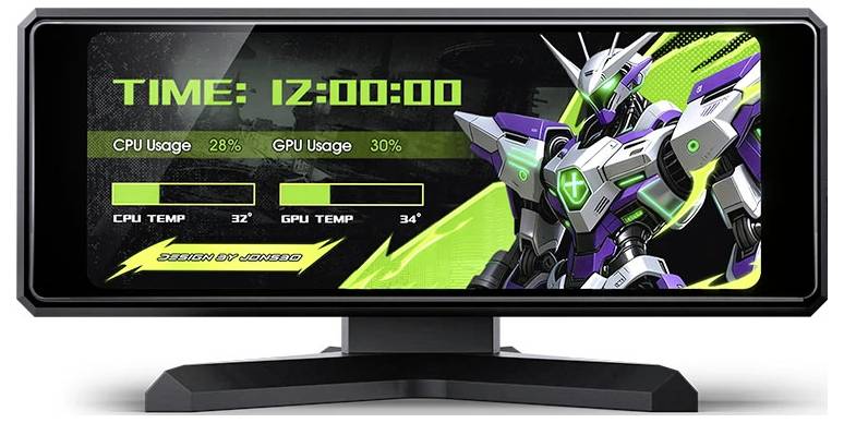 Futurystyczny wyświetlacz monitora gamingowego pokazujący "CZAS: 12:00:00" z paskami użycia procesora i karty graficznej oraz temperaturą, a także ilustracją robota mecha po prawej stronie.