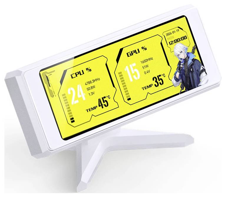 Mały monitor stojący na biurku wyświetla jasny żółty pulpit systemowy z CPU 24% w temperaturze 45°C, GPU 15% w temperaturze 35°C i postacią z anime po prawej stronie.