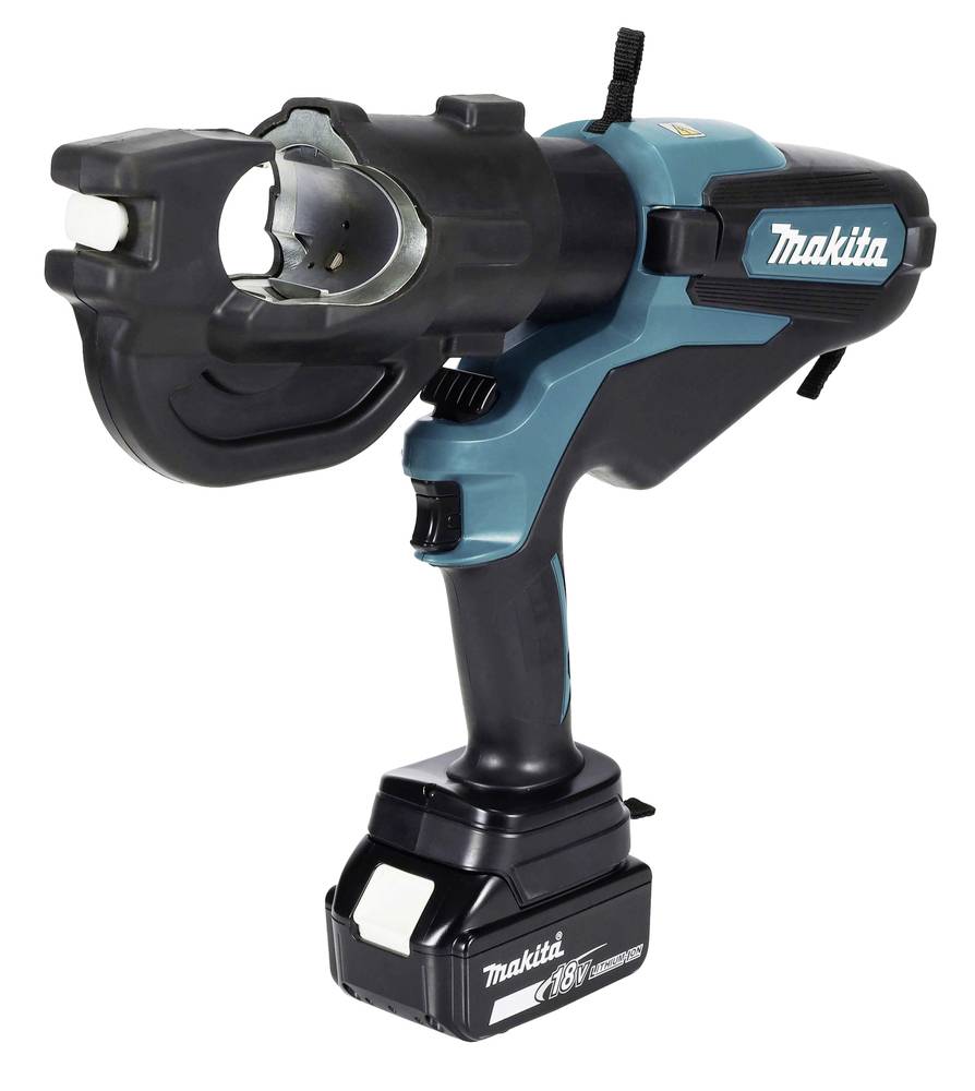 Makita bezprzewodowe narzędzie do cięcia hydraulicznego z czarno-niebieskiej obudowy i podstawą baterii na białym tle