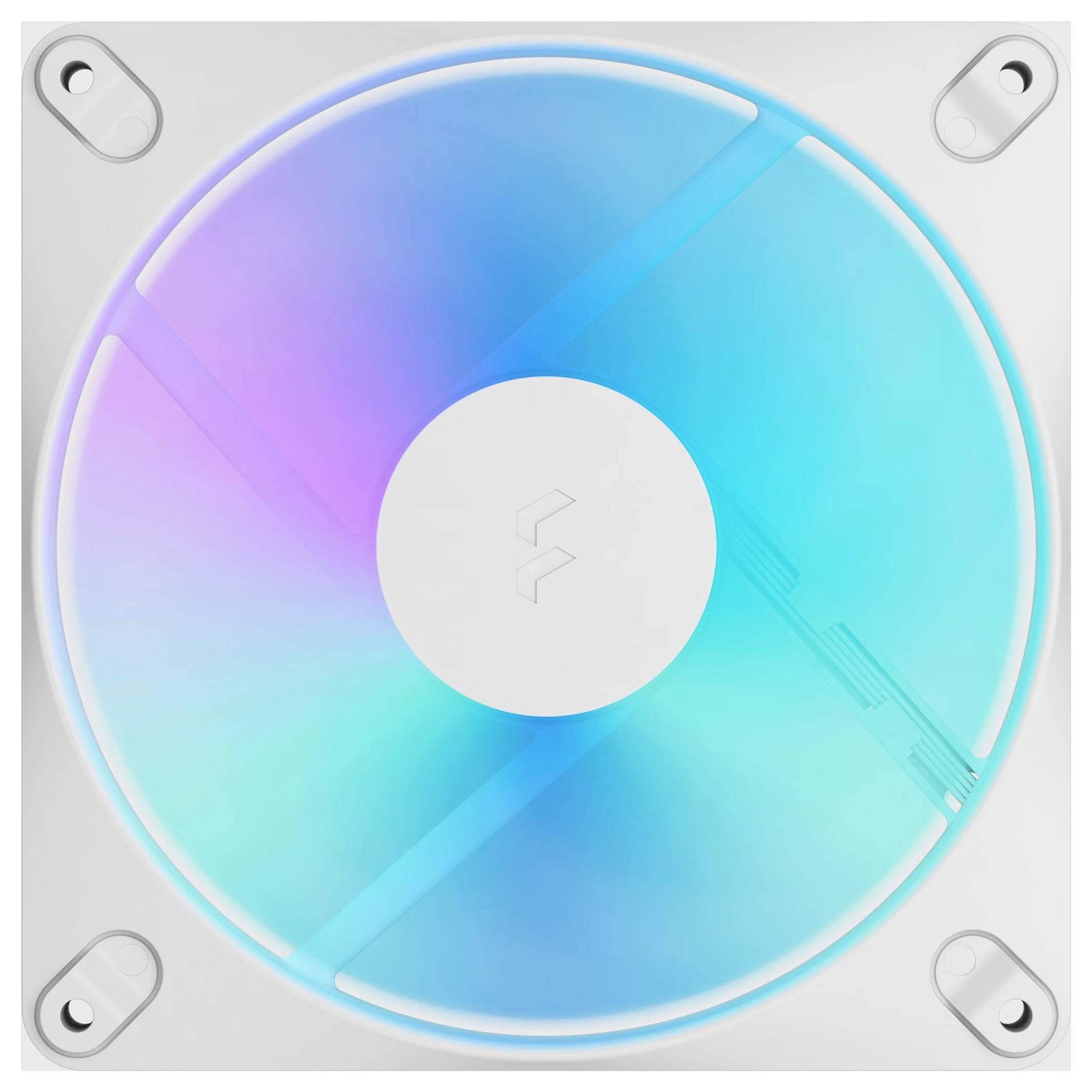 Błyszczący, opalizujący dysk CD lub DVD w przezroczystym pudełku kwadratowym z czterema śrubami narożnymi, widziany z góry.