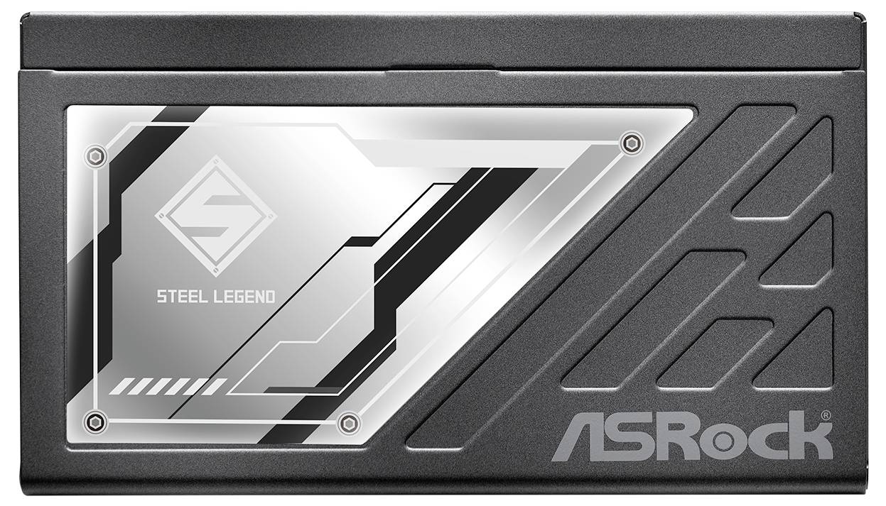 ASRock Steel Legend - nośnik danych typu solid-state drive lub urządzenie magazynujące obudową z szarym i czarnym geometrycznym metalem oraz brandingiem logo