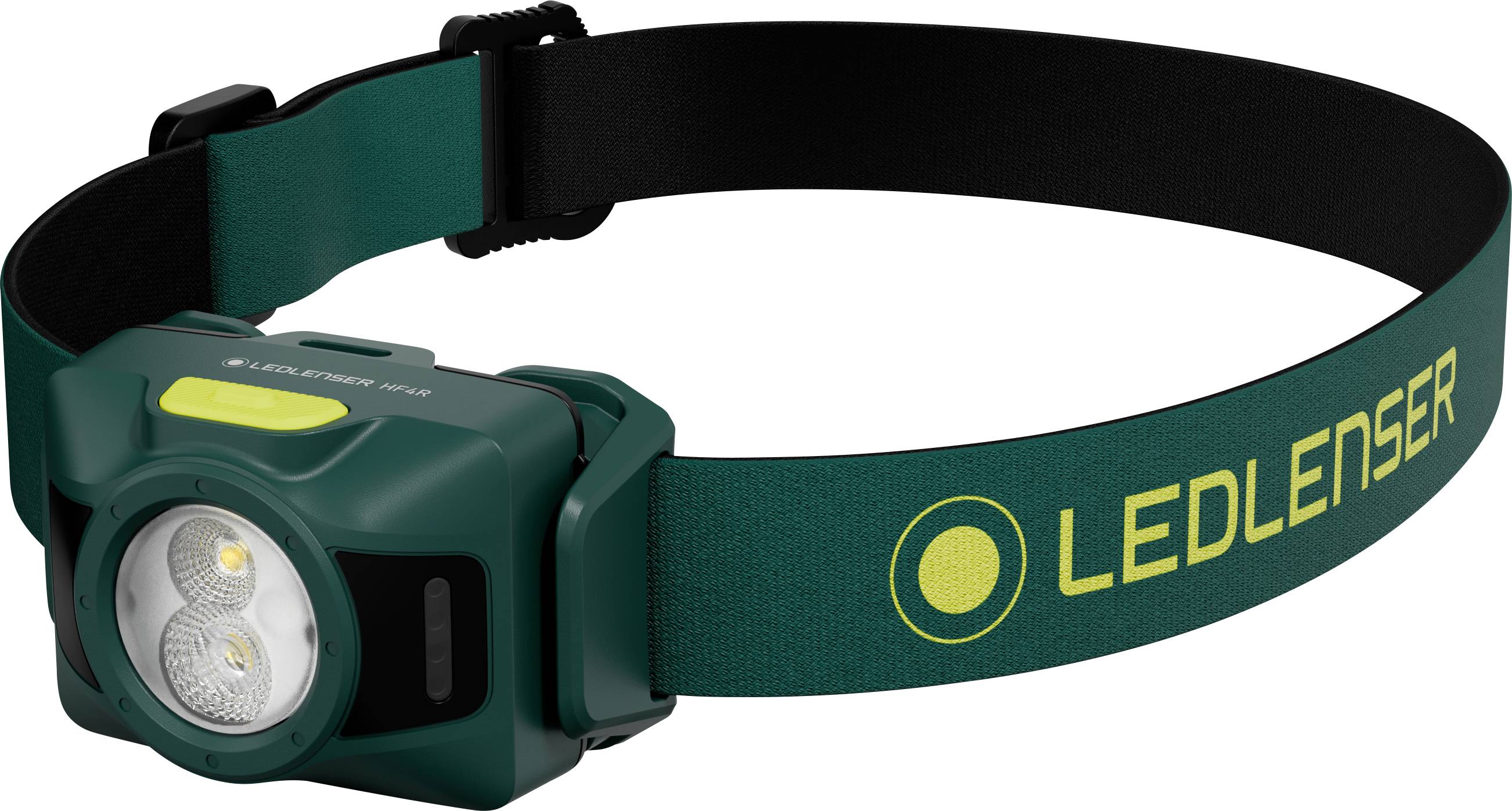 Zielona latarka czołowa LEDLenser z regulowanym czarnym paskiem elastycznym i frontalną jednostką oświetlającą, pokazana na białym tle.