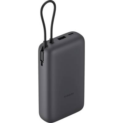 Czarna przenośna bateria zewnętrzna Xiaomi z wbudowanym paskiem pętli i portami na górze.
