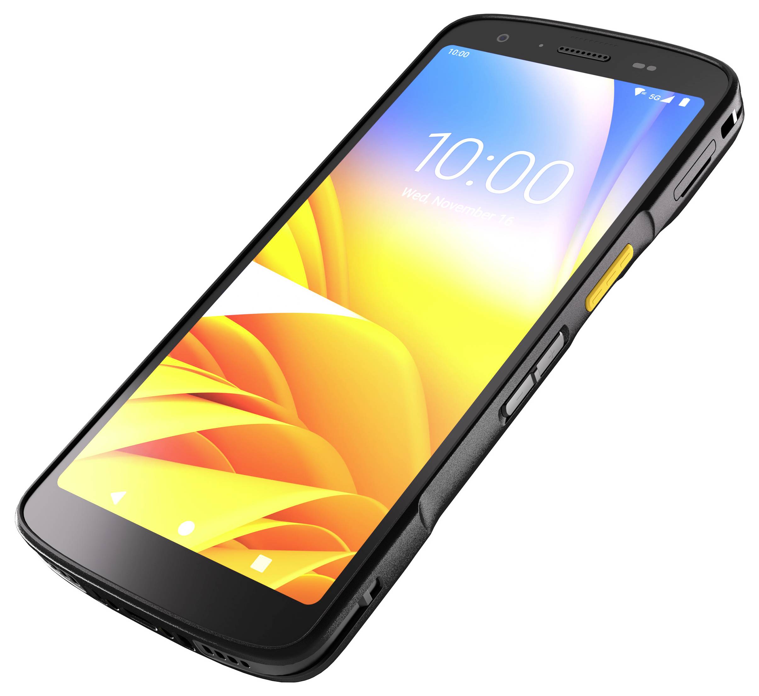 Wytrzymały czarny smartfon pokazany pod kątem z jaśniejszym pomarańczowym i żółtym abstrakcyjnym ekranem wyświetlającym 10:00.